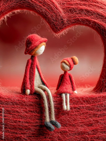 Fototapeta Two stylized wool figures sit nestled inside a vibrant, textural red heart in a tender and heartwarming display of affection and connection.