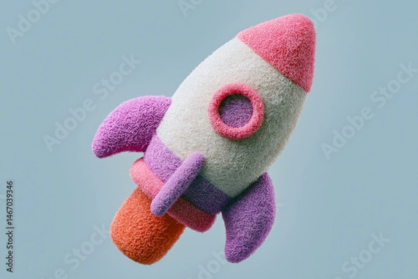 Fototapeta A vibrant, pelouches textured space rocket, embodying a playful and imaginative design against a soft, solid background. A symbol of exploration.