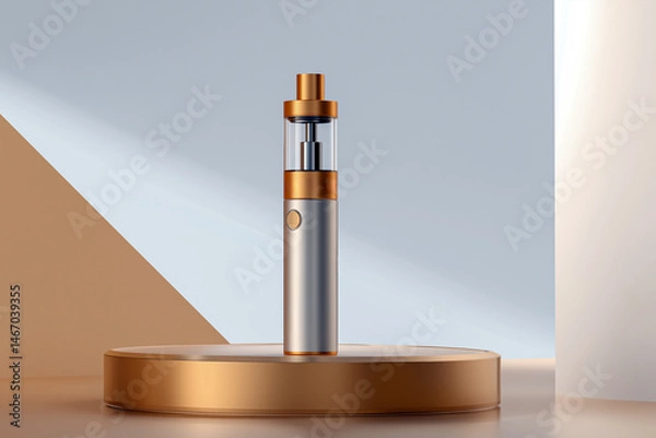 Fototapeta 3D rendered elegant vaping device displayed on a gold platform against a geometric background, highlighting modern design and technology.