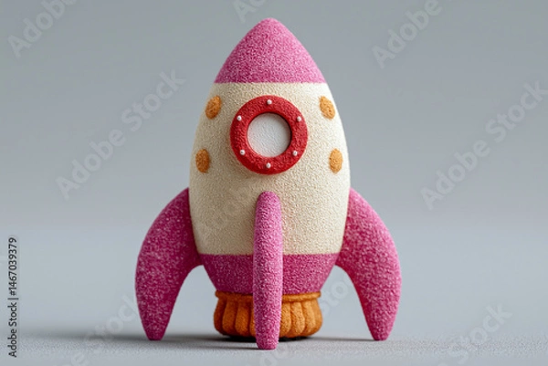 Fototapeta Toy rocket crafted with wool texture stands against a plain backdrop, evoking childlike wonder and the spirit of space exploration.