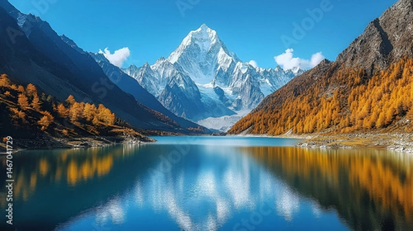 Fototapeta Majestic Snowcapped Mountain Reflected in a Calm Autumn Lake