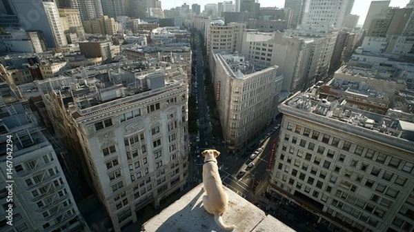 Obraz Dog sitting on rooftop of city building, breath taking view from above 