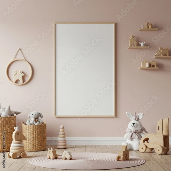 Fototapeta Empty frame in a child's room decorated with wooden toys and soft furnishings. Empty space on a wall with pastel pink accents and wooden toys in a playroom.