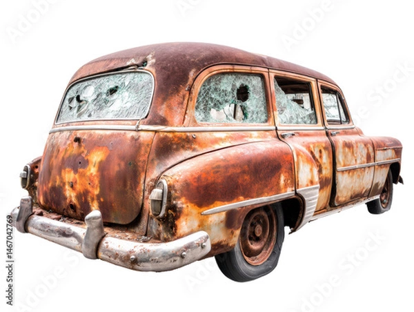 Fototapeta Vintage rusted car abandoned in urban setting with broken windows, cut out