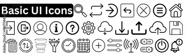 Fototapeta Basic UI Icons – Essential Line Icon Set for Interface Design