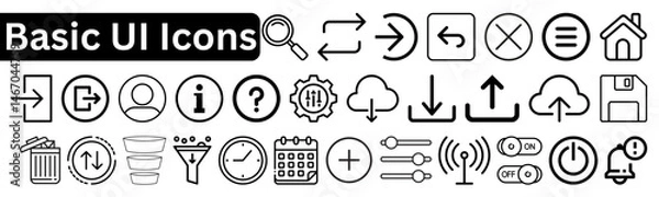 Fototapeta Basic UI Icons – Essential Line Icon Set for Interface Design