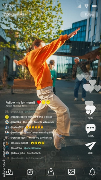 Obraz Video Sharing Social Network Template. Caucasian Female Dancing in an Urban Park, Teammates Cheering On Her Performance. Digital Interaction with Users, Followers and Friends Happening in Real Time