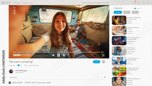 Obraz Couple of Influencers Sharing Their Camping Holiday Online on a Social Media Platform. Screen Replacement UX with a Beautiful Young Female and Male Enjoying Time in a Caravan, Waving Hello to Viewers