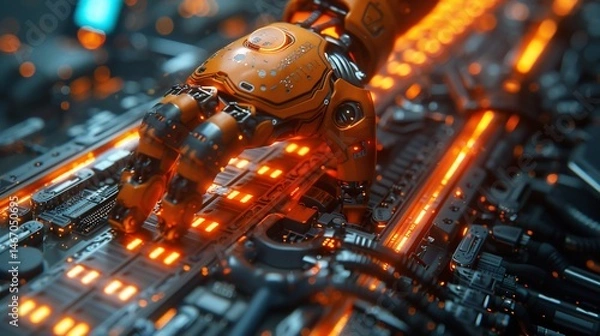 Obraz Cybernetic Hand Interacting with Futuristic Technology