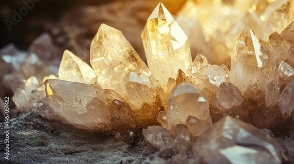 Fototapeta Close-up of sparkling, translucent quartz crystals clustered on dark rock, illuminated by warm light.