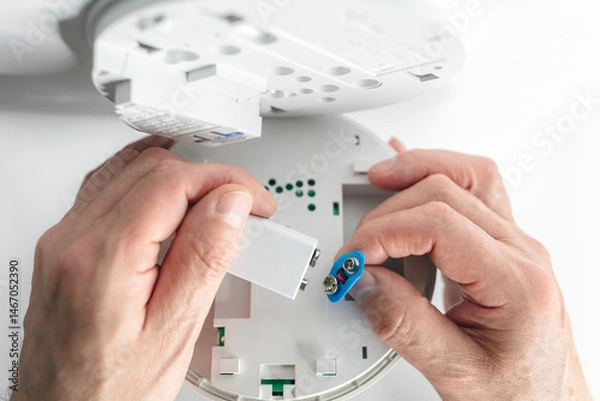 Obraz Inserting battery in home smoke detector and fire alarm installing, checking, testing or replacing battery