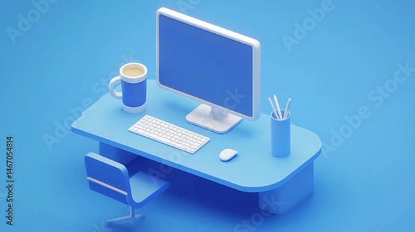 Fototapeta A computer desk with a blue computer monitor, a keyboard, a mouse