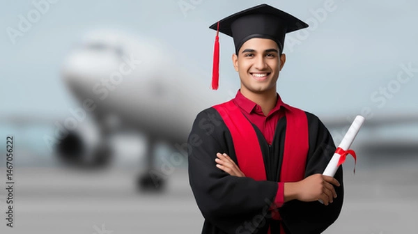 Fototapeta happy indian male graduate student in Cap and Gown. Studying abroad offers students an incredible opportunity for international learning, with scholarships providing guidance and support.