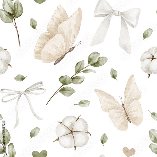 Fototapeta Watercolor Butterfly seamless pattern with soft bows, cotton pods, and eucalyptus branches. Illustration of background for baby textiles, nursery wallpaper, and surface projects. Backdrop for ornament