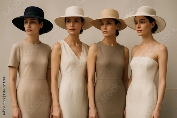 Fototapeta Models showcase elegant derby hats at a fashion event in Derby while dressed in sophisticated, minimalist attire during a stylish presentation