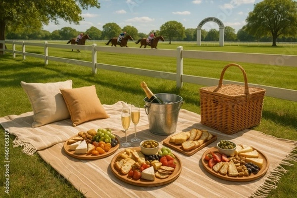 Fototapeta Elegant picnic setup beside the Derby racecourse featuring gourmet food and beverages