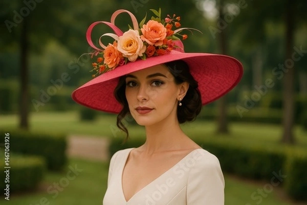 Fototapeta Elegant woman in colorful hat at Derby event surrounded by lush greenery and vibrant floral decorations