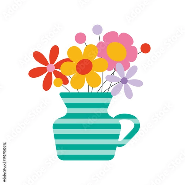 Fototapeta Bright flat vector illustration of a bouquet of colorful flowers in a striped teal vase. Cheerful and playful design, perfect for greeting cards, spring decor, packaging, textile prints, and commercia
