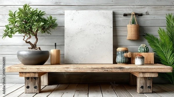 Fototapeta Decorative display on wooden bench with plants and accessories