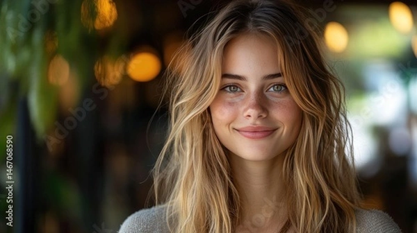 Fototapeta Young woman with long blonde hair smiling warmly in a cafe setting with soft bokeh lights and greenery in the background