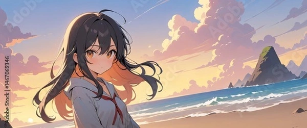 Fototapeta A serene and colorful anime-style illustration features a young girl in school uniform standing on a beach at sunset.