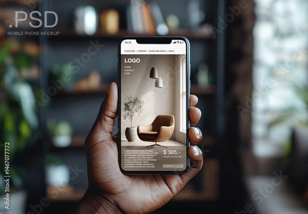 Fototapeta A hand holding a smartphone up in front of a living room background. Mobile design header.