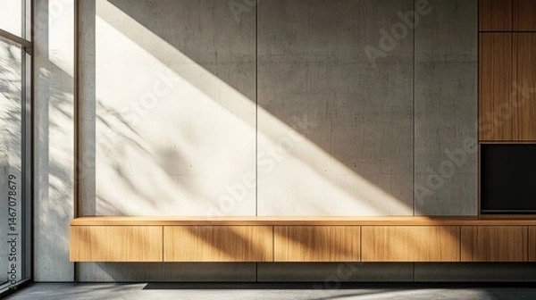 Fototapeta A polished wooden log rests against a textured concrete wall. illuminated by soft natural light. creating a serene atmosphere ideal for interior design inspiration
