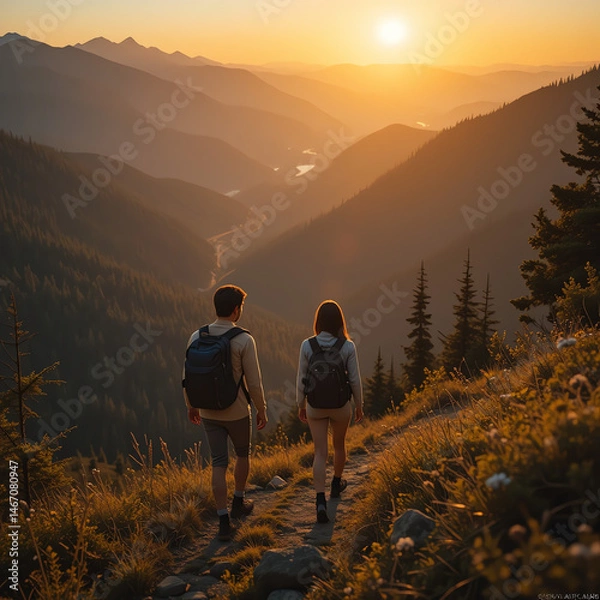 Fototapeta Hikers exploring mountain landscape at sunset