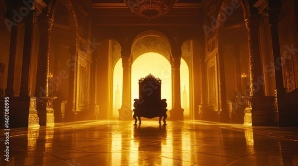 Fototapeta Ornate throne in a grand, dimly lit hall.
