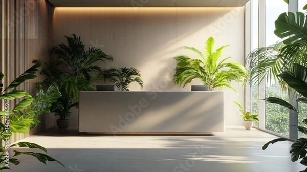 Fototapeta Interior of modern office waiting room with gray walls concrete floor wooden reception desk and green plants, ai generative