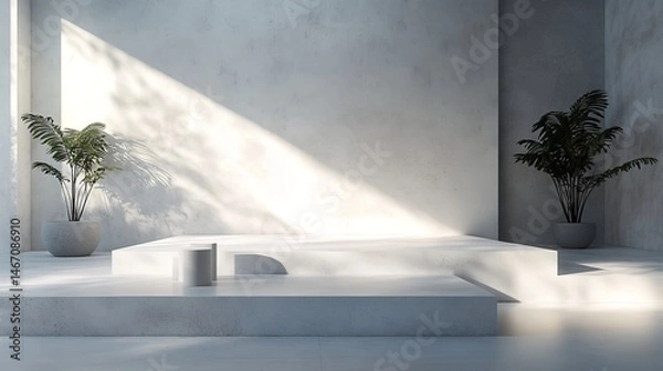Fototapeta 3D white minimal modern conceptual interior room with bench and plant.