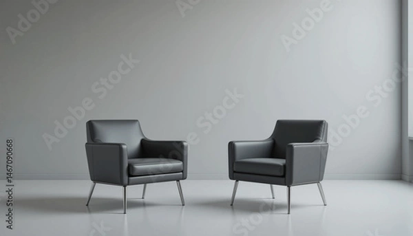 Fototapeta Two modern armchairs stand alone in a sleek, minimalist studio setting, surrounded by neutral background, ideal for adding text or graphics, evoking a professional meeting atmosphere