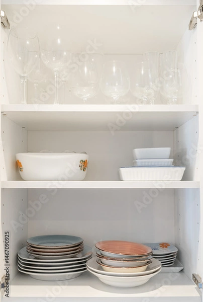 Fototapeta Kitchen cupboard with different clean dinnerware. Shelving with dishes, glasses and cups.
