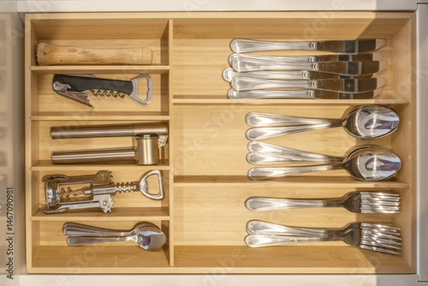 Fototapeta Organized kitchen drawer with stainless steel cutlery and utensils in a wooden divider. Neatly arranged spoons, forks, knives, and kitchen tools such as a corkscrew, garlic press, and bottle opener 