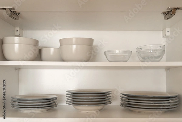 Fototapeta Kitchen cupboard with different clean dinnerware. Shelving with dishes, glasses and cups.