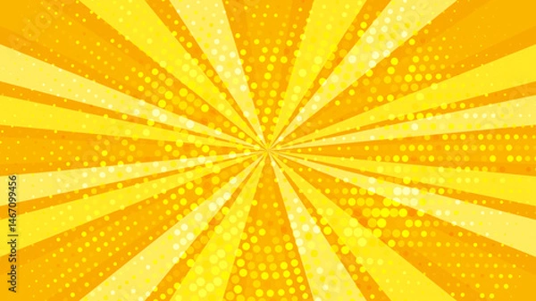 Fototapeta Retro orange sun rays on yellow halftone bg