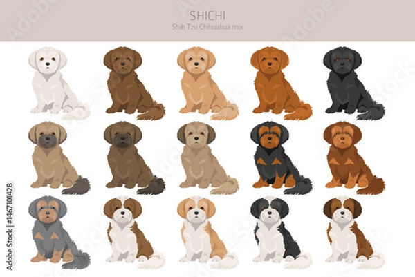 Fototapeta ShiChi clipart. Shih-Tzu  Chihuahua mix. Different coat colors set.  Vector illustration