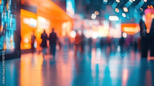 Fototapeta Blurred crowd walking in brightly lit modern hallway.