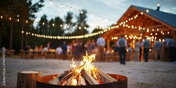 Fototapeta Wedding Reception guests lights. A cozy outdoor gathering with a bonfire, string lights, and people socializing near a rustic wooden pavilion at dusk.