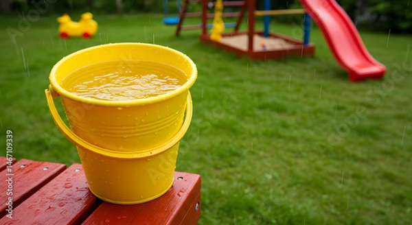 Obraz Yellow Bucket Full of Rainwater on a Playground During Rainy Weather