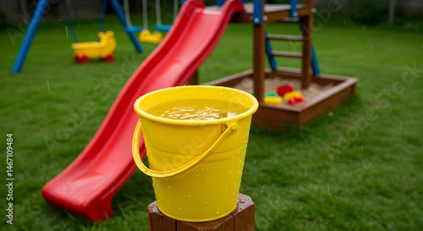 Obraz Yellow Bucket Full Of Rainwater On A Playground During A Summer Storm