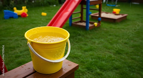 Obraz Yellow Bucket Filled With Rainwater In A Backyard After A Downpour