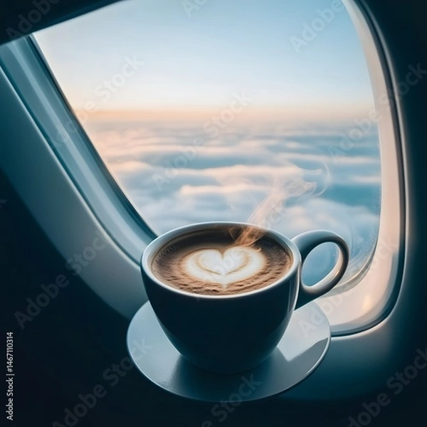 Fototapeta A warm coffee on a plane