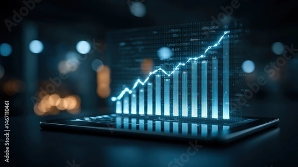 Obraz Growing blue graph on device, dark, blurry background, digital