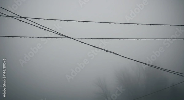 Fototapeta Power Lines Draped With Droplets Reflecting An Atmospheric Gray Scale Sky