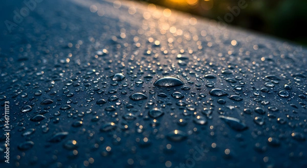 Obraz Close Up of Water Droplets on a Smooth Surface at Sunrise