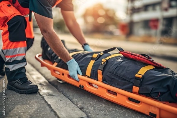 Fototapeta An emergency medical technician transports a patient on a stretcher for immediate medical care.