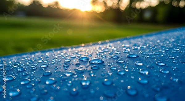 Obraz Fresh Dew Adorns Azure Surface With Sunny Green Background Beauty