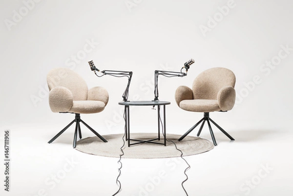 Fototapeta Two microphone-equipped chairs ready for podcast recording in a cozy lecture setting