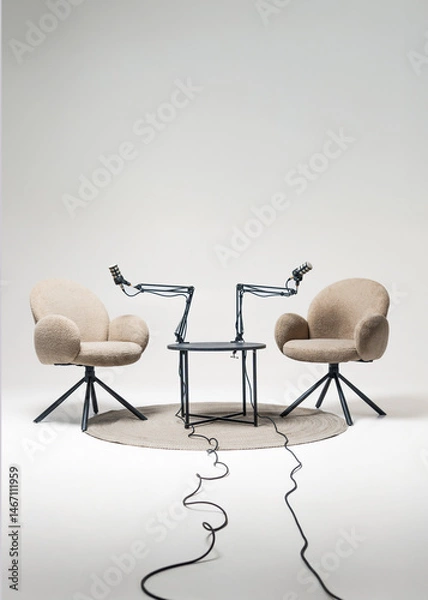 Fototapeta Podcast setup featuring two chairs and microphones in an educational setting for engaging discussions and interviews